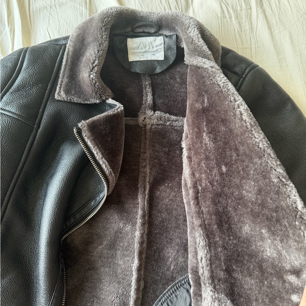 Black Leather Jacket with Fur Collar - Picture 2 of 4
